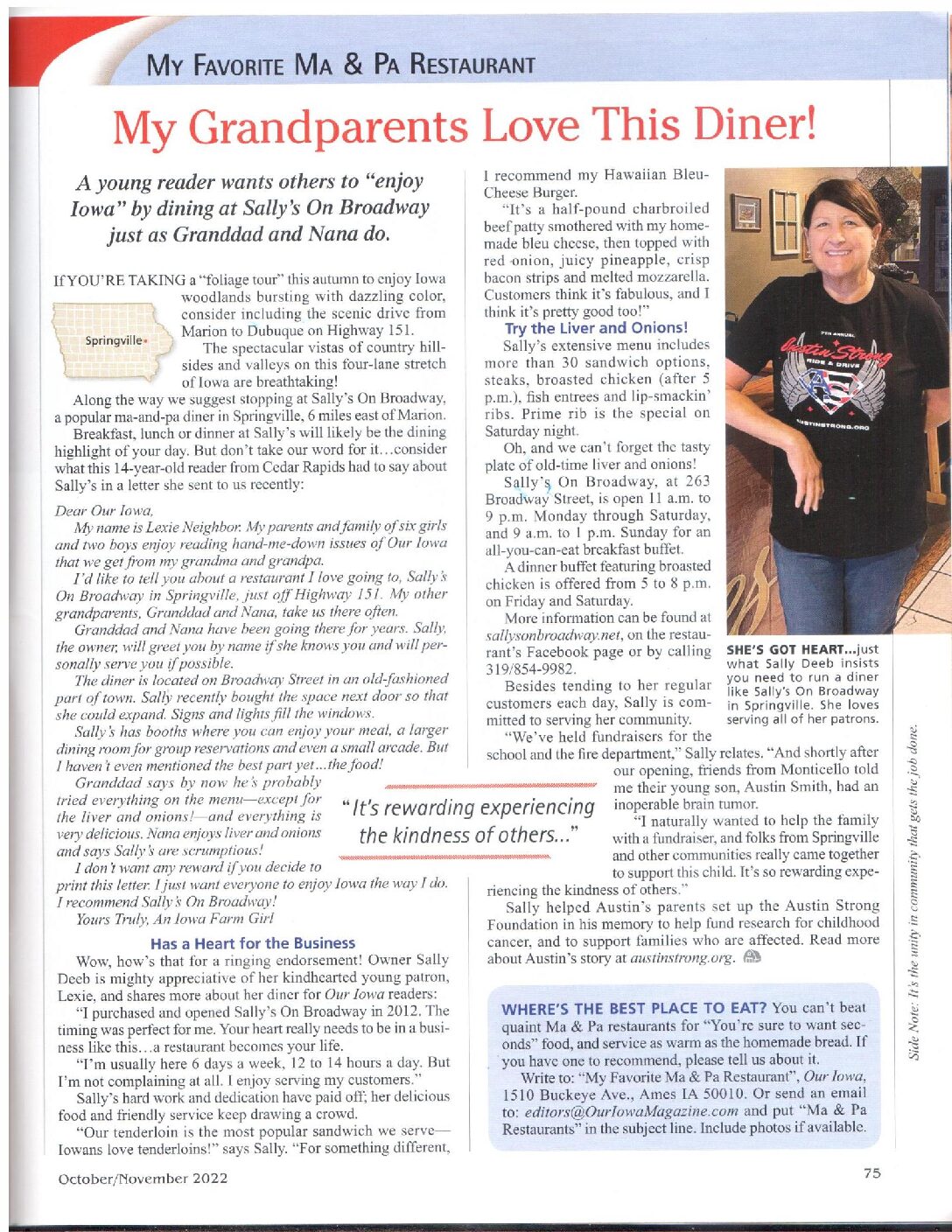 A two-page Our Iowa magazine feature on Sally's On Broadway headlined My Grandparents Love This Diner