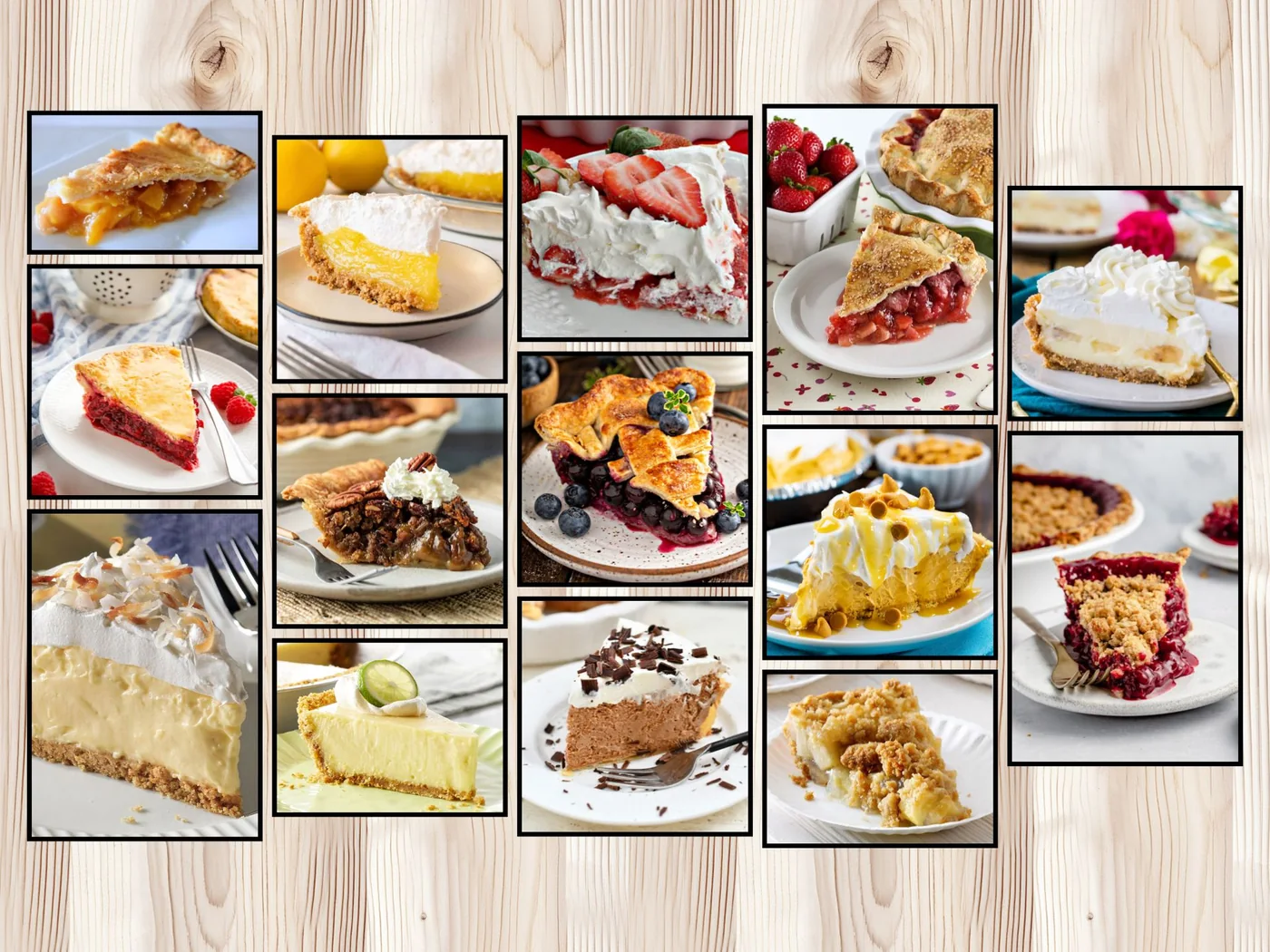 An assortment of pie slices: apple, lemon meringue, strawberry, rhubarb, banana cream, pecan, blueberry, key lime, chocolate cream, coconut cream, cherry crumb and more