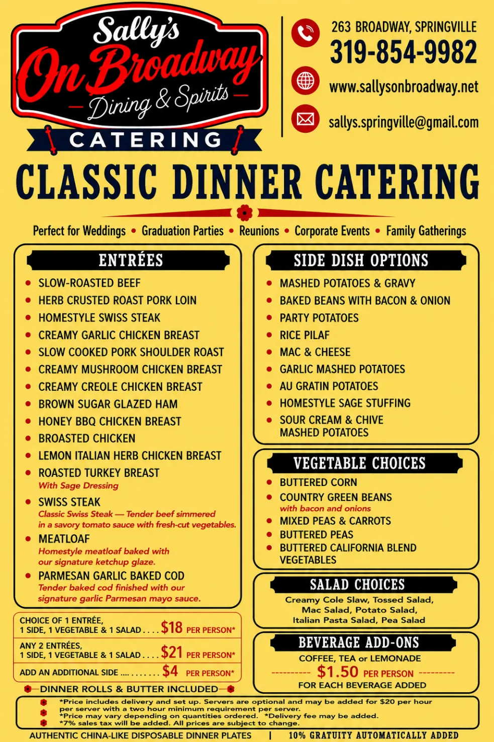 Sally's On Broadway classic dinner catering sheet